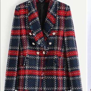 Button detail plaid tweed blazer
